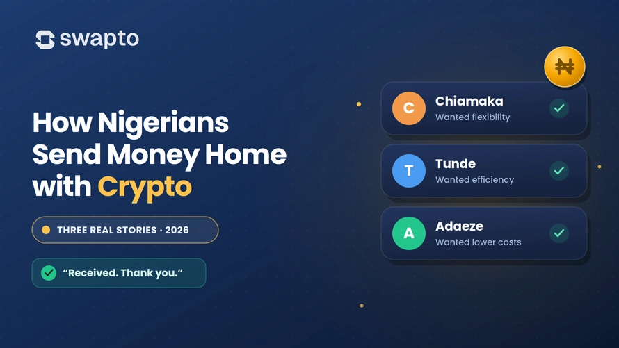 Three Nigerians abroad sending money to Nigeria from abroad with crypto via Swapto, 2026